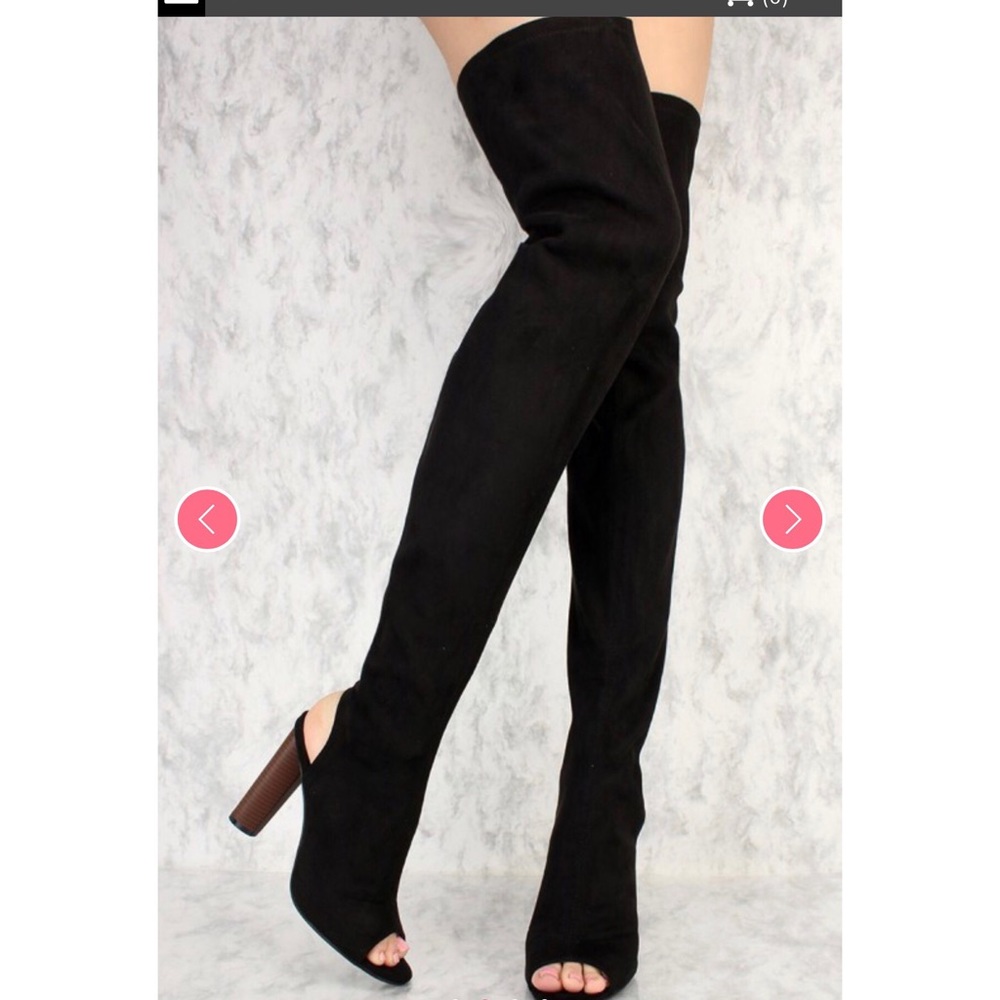 Black Peep Toe Thigh High Chunky Heel Boots